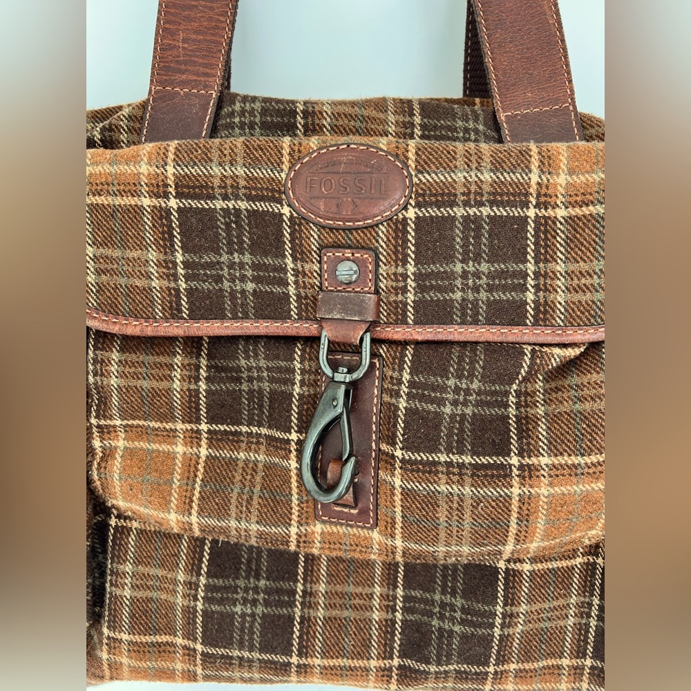 Fossil Leather Trim Blanket wool Duffle Weekender bag LARGE Multiple Pockets